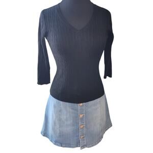 VTG Y2K August Silk Black Cable Knit V-Neck Sweater Petite Small Academia EUC